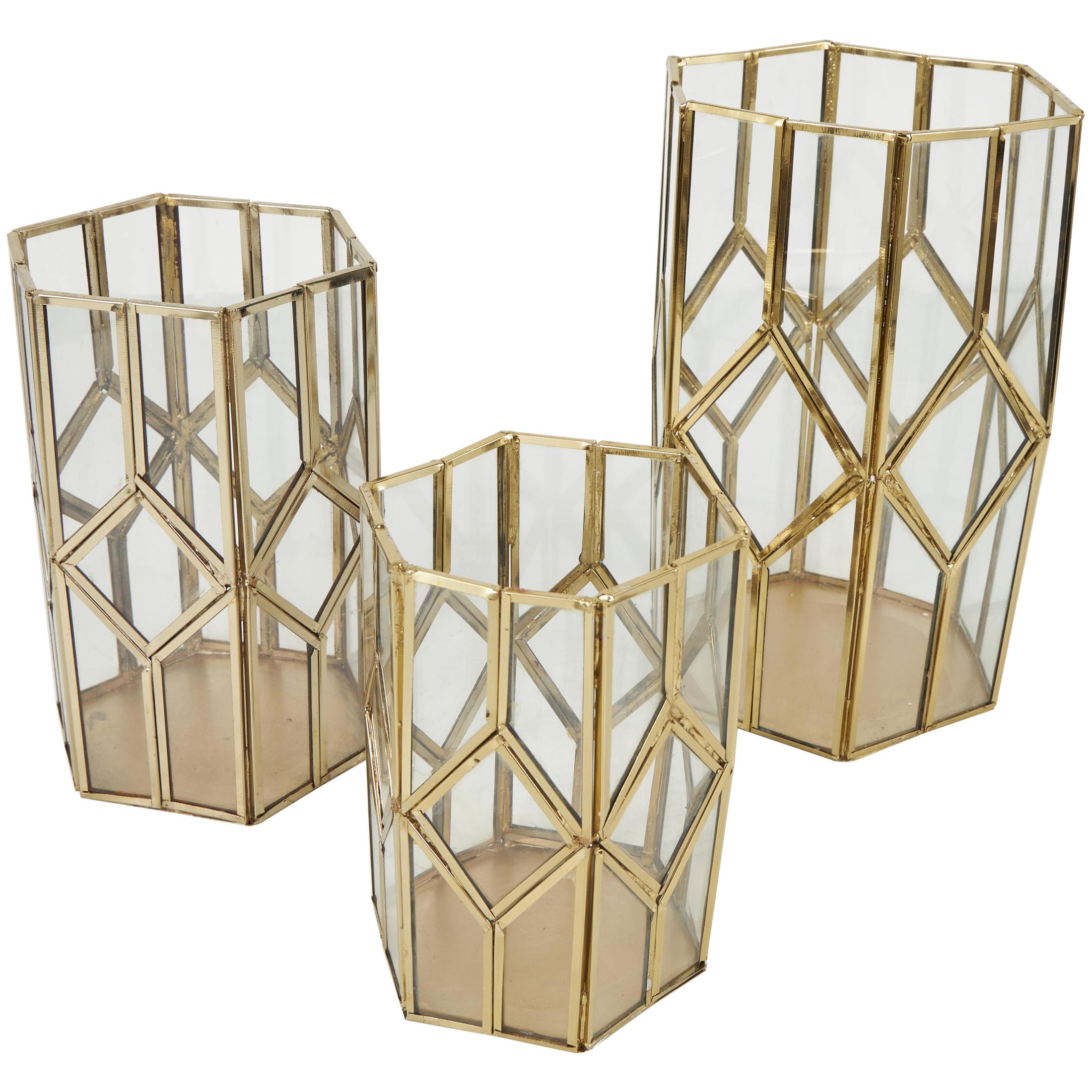 CosmoLiving by Cosmopolitan 3 Holder Gold Metal Geometric Diamond Patterned Hexagon Candle Lantern with Clear Glass, Set of 3