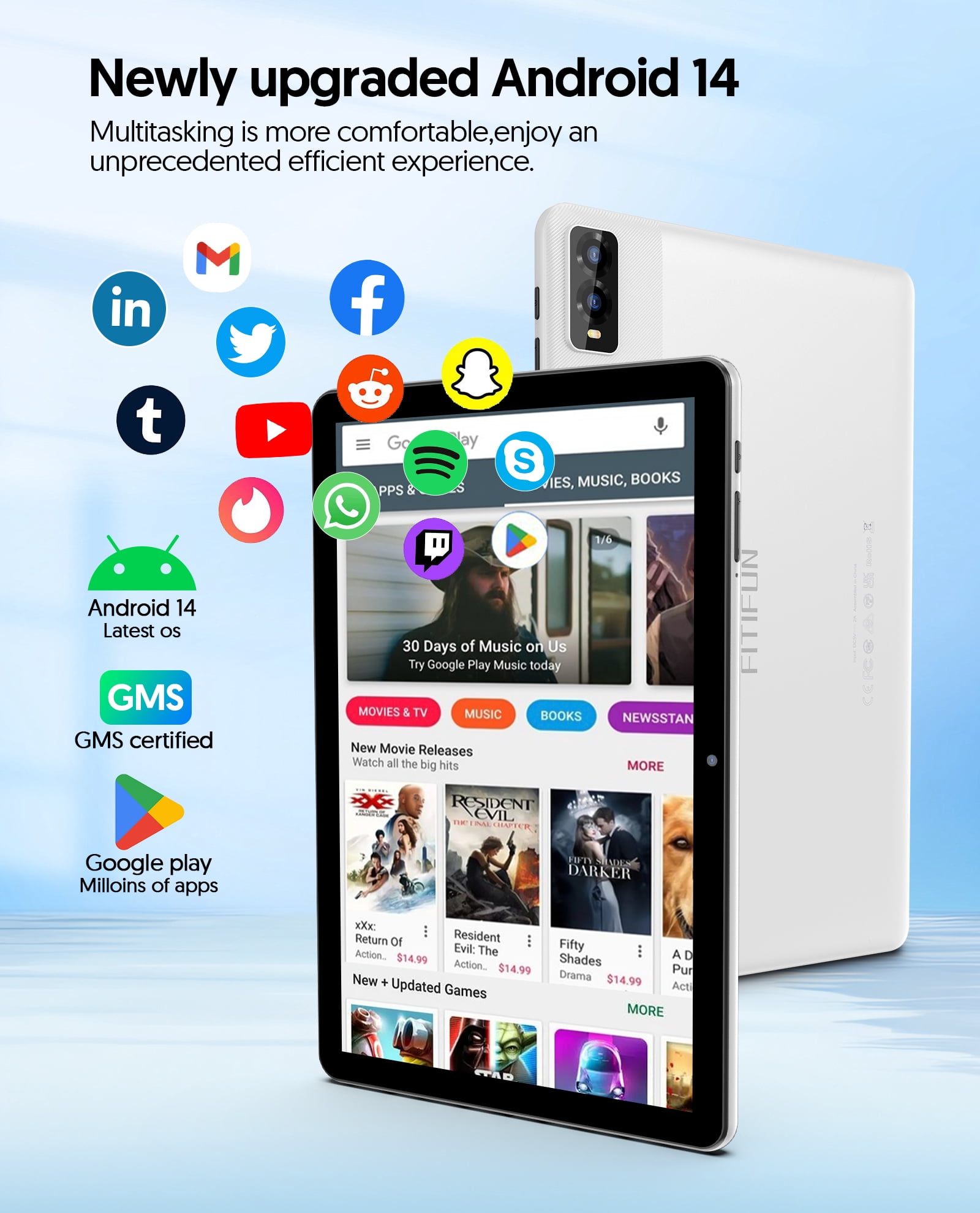 FITIFUN Android 14 Tablet 10.1 inch Tablet, 8GB RAM+32GB ROM+1TB Expandable,Octa-Core,5G Wi-Fi 6, 2+8MP Dual Camera,6000mAh Battery,1280x800 FHD IPS, Bluetooth,2 in 1 Tablets with Keyboard,Mouse,Case