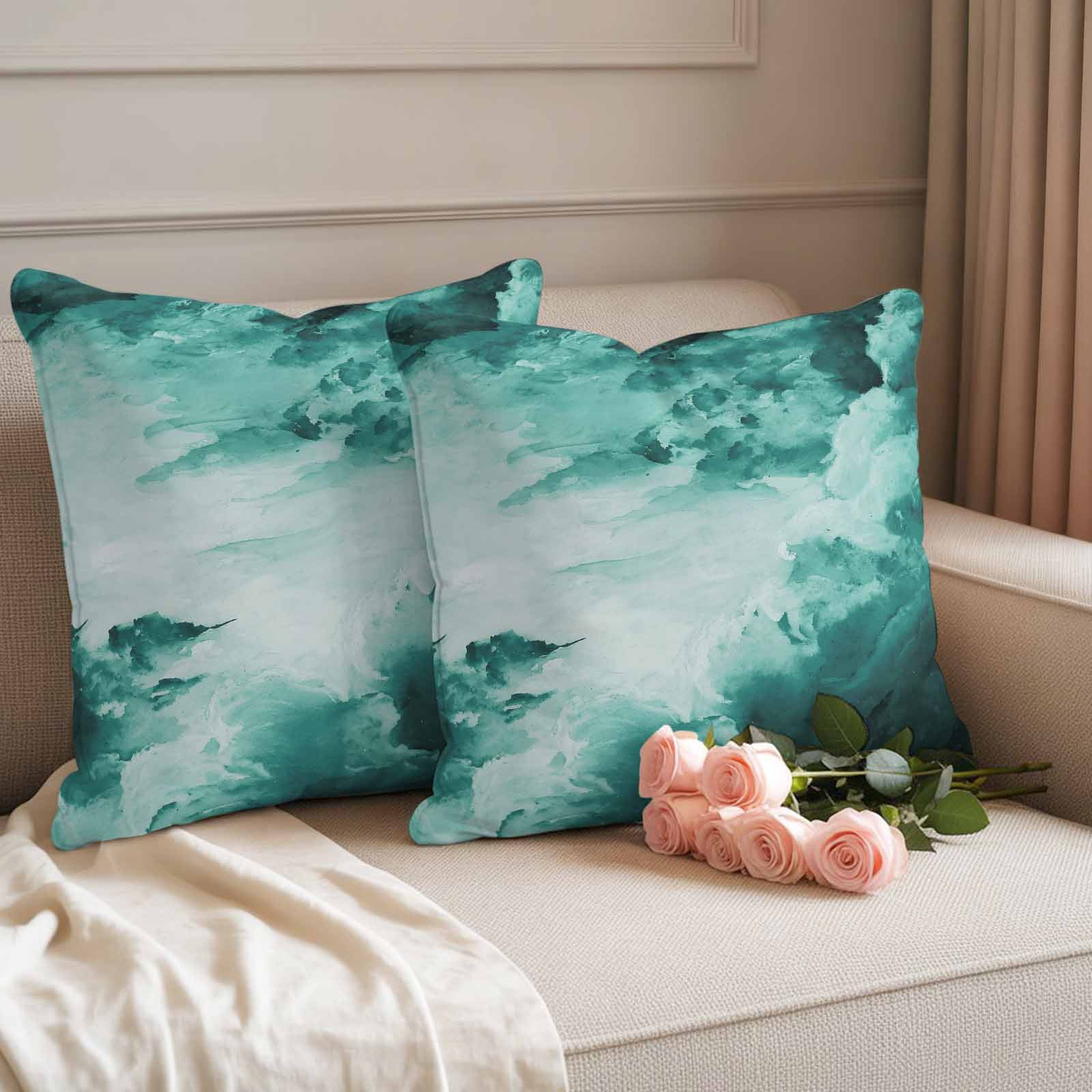 Teal Green Ombre Clouds Outdoor Waterproof Pillow Covers, Modern Abstract Gradient Cloud Decorative Square Throw Pillowcase Sofa Cushion Sham for Patio/Couch/Chair, 26"x26" 2 Pack