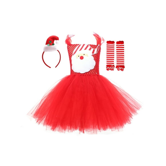 SUNSIOM Little Girl Santa Costume Sleeveless Tulle Dress with Leg Warmers Headband Set