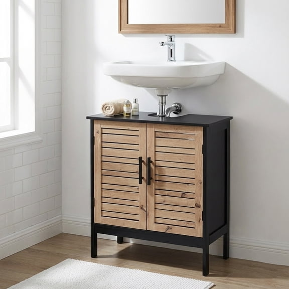 Under Sink Cabinet with U-Shaped Cut-Out, Double Vented Doors, Black and Brown - Bergen Collection