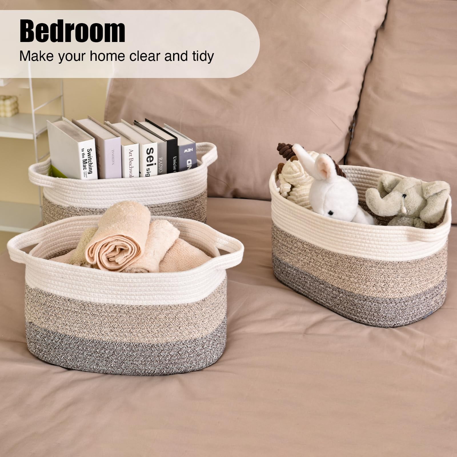 3PCS Large Woven Cotton Rope Storage Basket With Handles - 15"x10"x9.5" Decorative Organizer for Toys, Books, Living Room - Gradient Brown