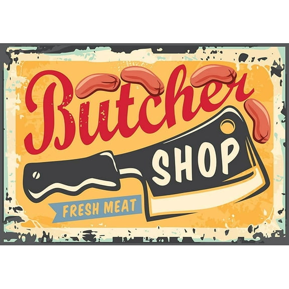 Sign for Butcher Shop with Cleaver GraphicSausages and Creative Typography. Tin Sign Wall Sign Wall Poster Wall Decor Door Plaque TIN Sign 12x8 INCH