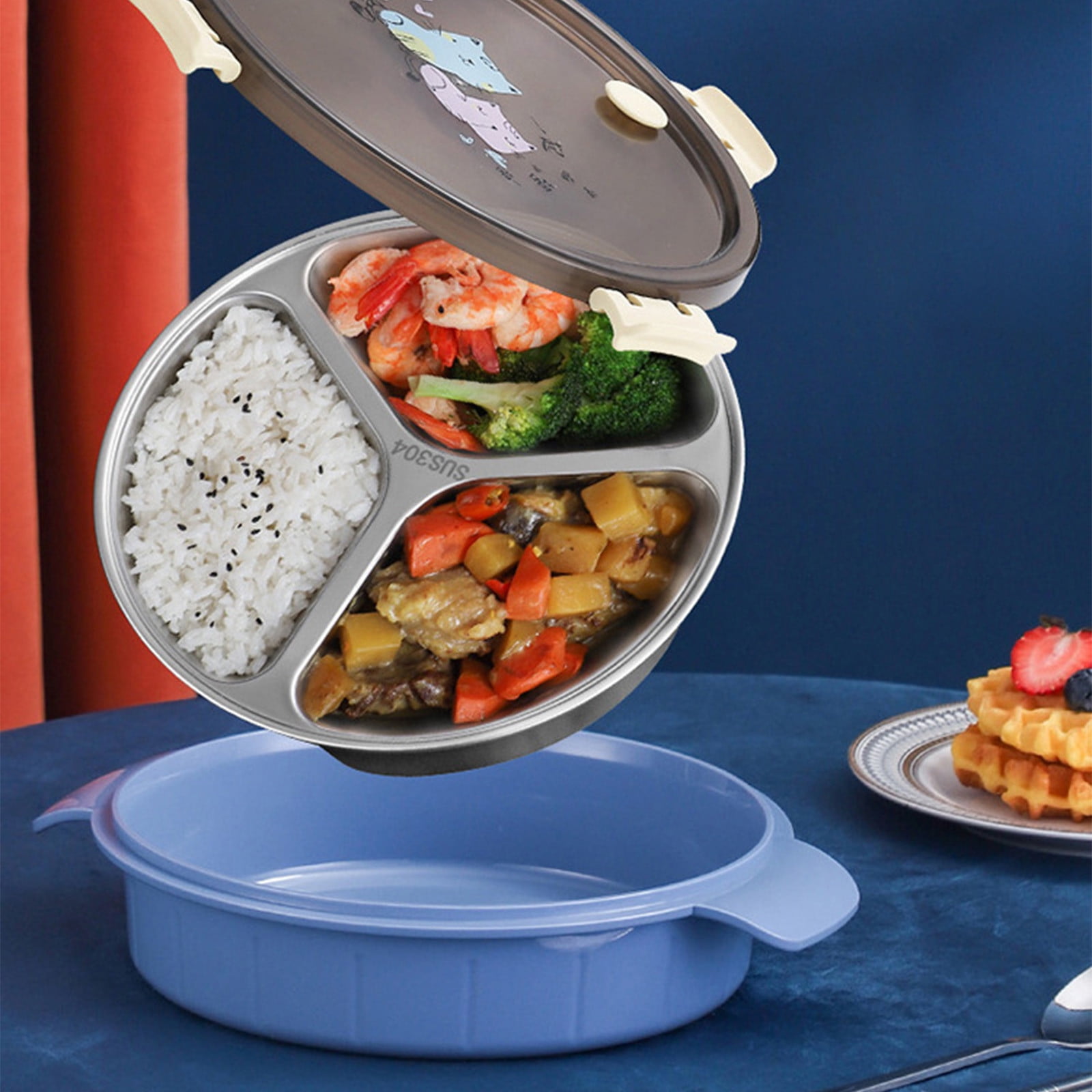 AZXY Round Stainless Steel Lunch Box, Double Layer Leakproof Sealed Food Container With Compartments, Portable Insulated Bento Box With Chopsticks And Spoon