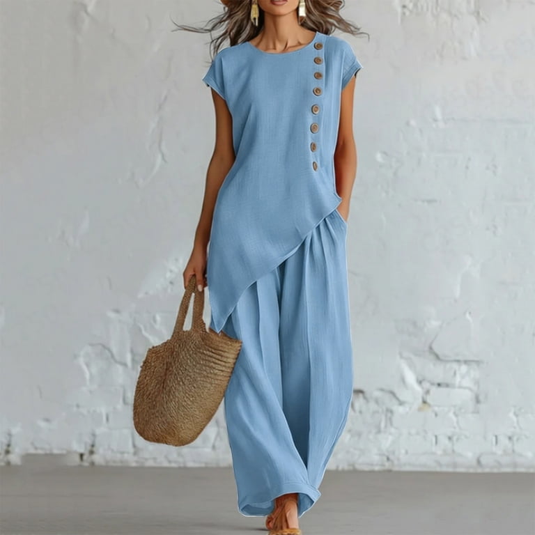 mihongmao Country Concert Outfit Resort Airport Outfits Ladies' Casual and Fashionable Short Sleeved Button Top and Pants Set Light Blue 2X