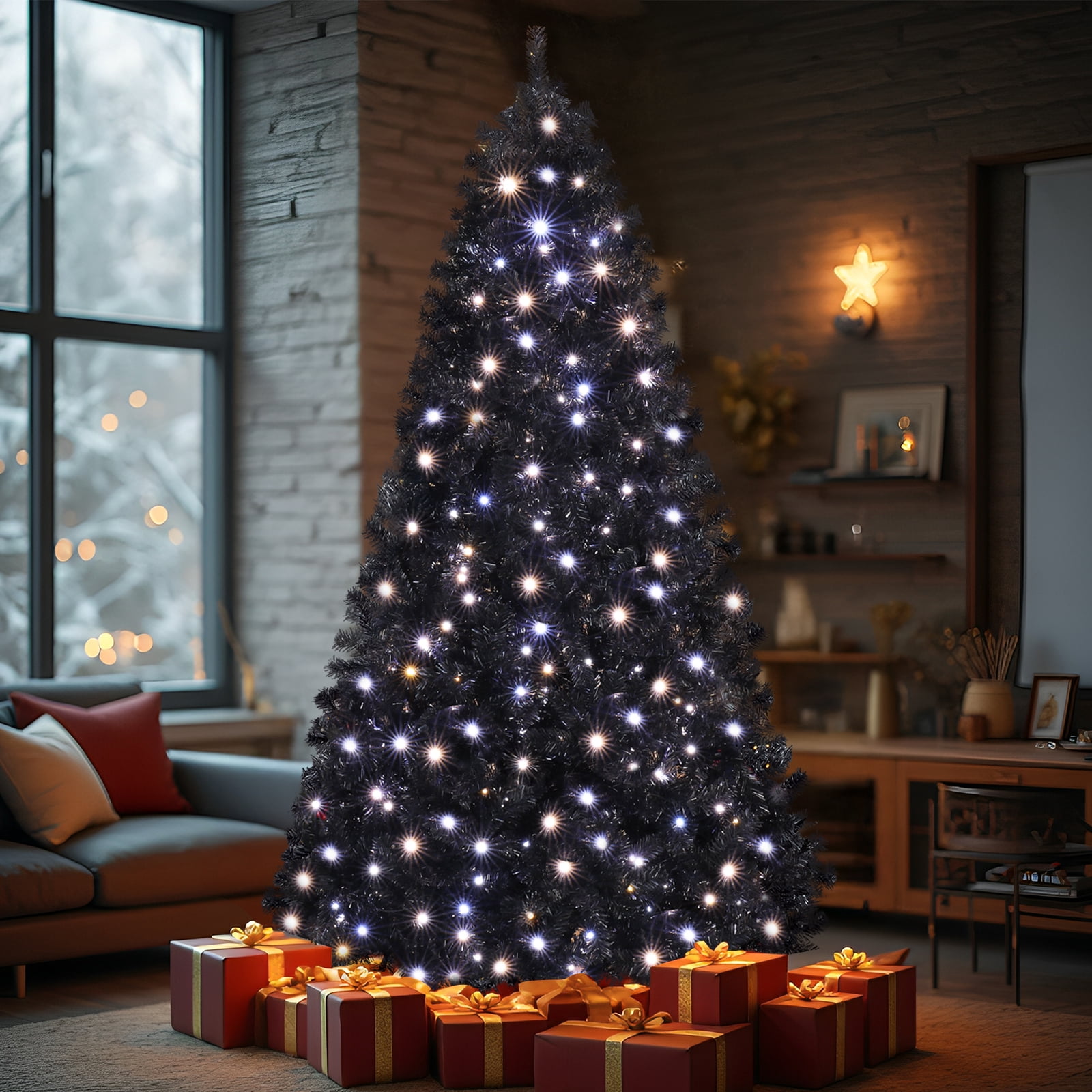 Astoutdoor 7.5 ft Pre-lit Artificial Christmas Tree, Hinged Xmas Pine Tree with 1350 Branch Tips, 400 Lights and Remote Control, Black