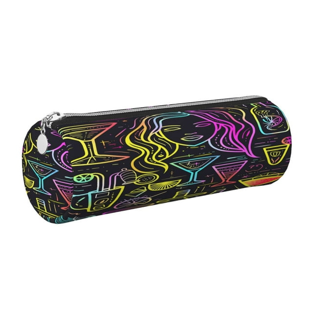 Disketp Neon Bar Drinks Estuche Organizador de Lápices de Cuero, Estuche de Oficina con Cremallera para Bolígrafo y Lápiz