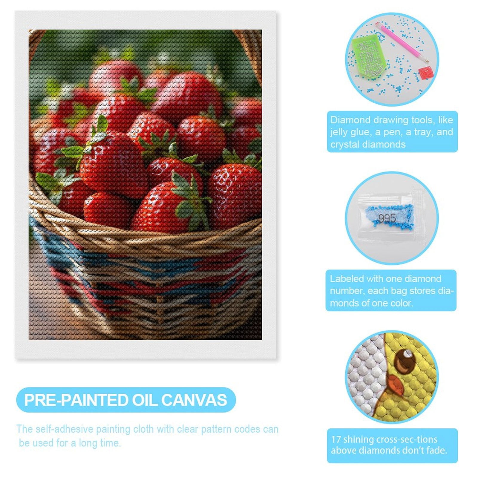 Diamond Art Kits for Adults, Fresh Red Strawberries Basket 5D Diamond Painting Kits for Adults Beginners, DIY Full Drill Diamond Painting, Gem Art and Crafts 12x16