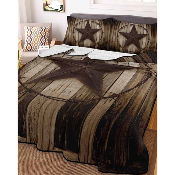 Western Star Retro Queen Size Down Alternative Comforter, Lightweight Comforter Quilt Bedding Set with Pillow Shams Vintage Brown Wood Barn All Seasons Bed Comforter Duvet Insert 90"x96"