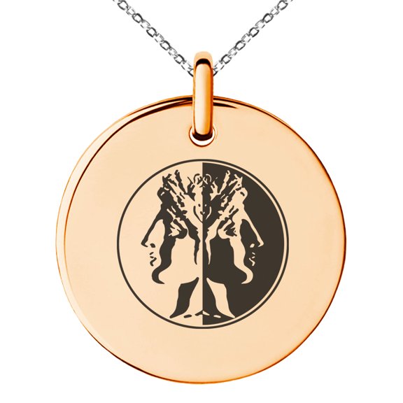 Stainless Steel Janus Greek God of Beginnings Engraved Small Medallion Circle Charm Pendant Necklace
