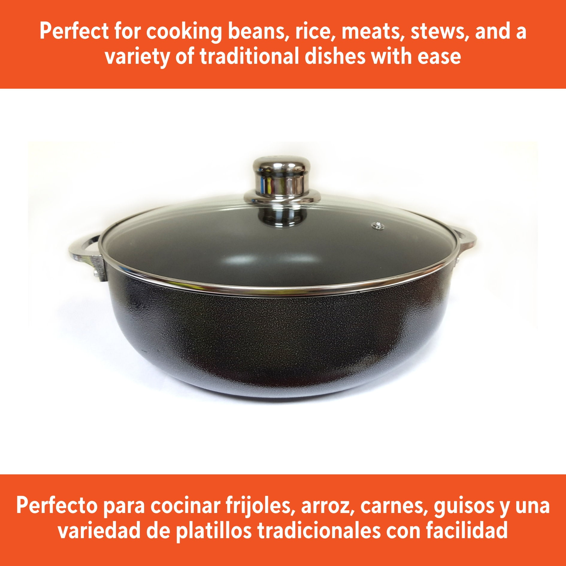 IMUSA 13.5qt Charcoal Aluminum Nonstick Caldero with Glass Lid, Black