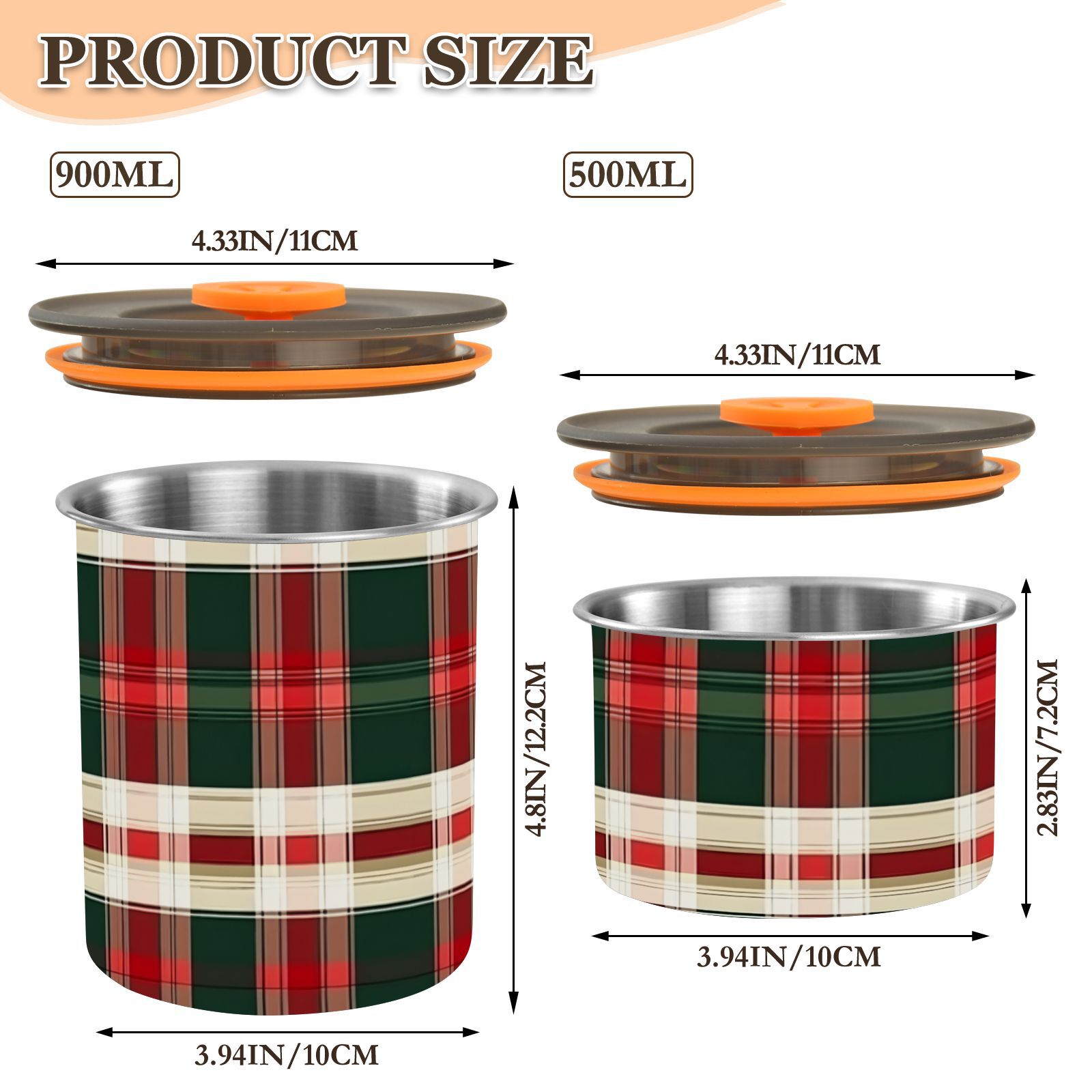 Red Green and White Tartan Plaid Airtight Coffee Bean Canister 30oz Food Storage Containers with Lids For Gournd, Tea, Sugar, Flour, Rice, Cereal, Candy Cookie Jar