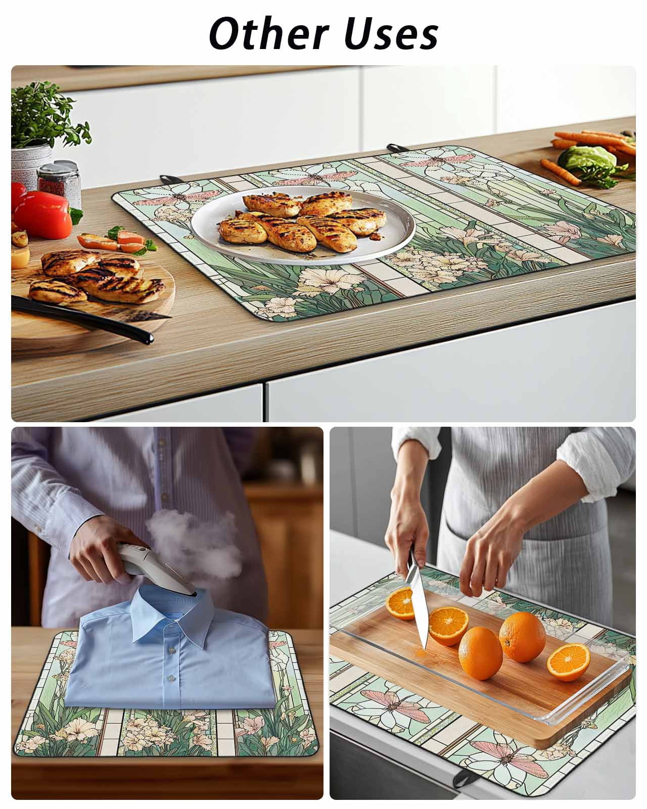 Stove Top Covers for Electric Stove, Butterfly Flowers Glass Stovetop Cover Protector, Vintage Stained Glass Green Spring Induction Cooktop Protector Oven Mat for Kitchen Countertop 24"x21"
