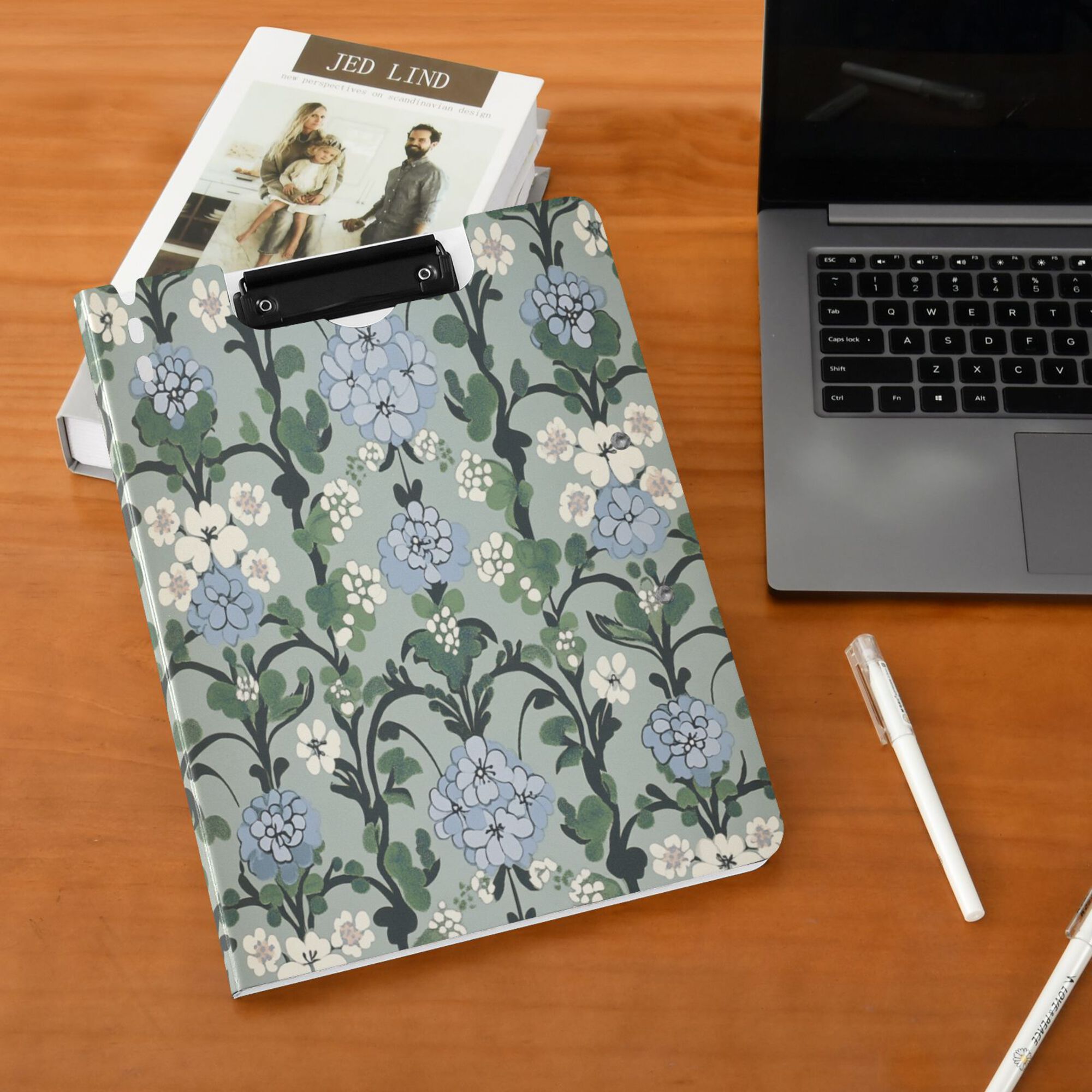 FORMRS A4 Clipboard Folder with Pen Holder Horizontal Foldable School Office Binder, Blue Blossom