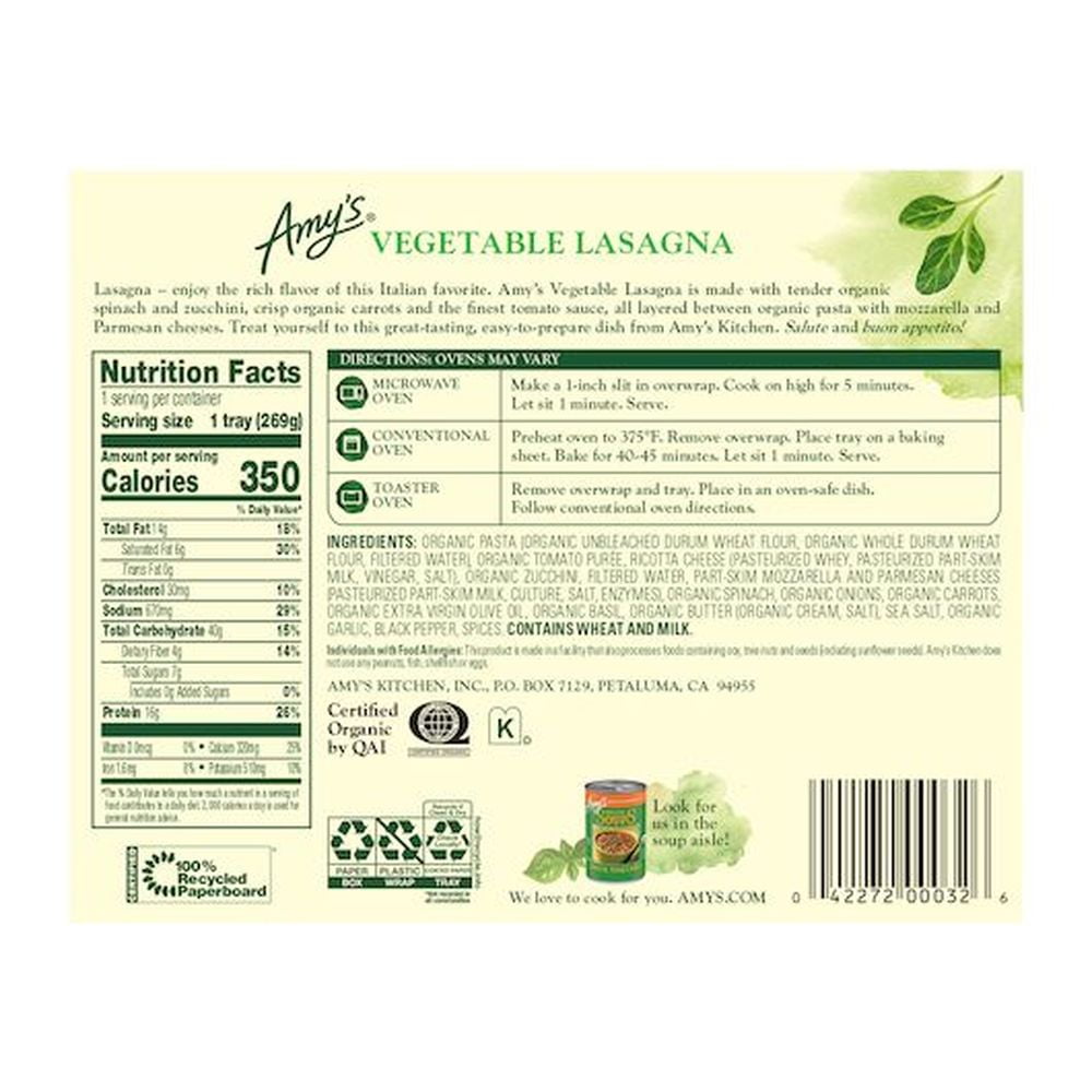 Amy's Vegetable Lasagna 9.5 oz, Pack of 12