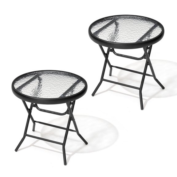Crestlive Products Foldable Patio Side Table with Tempered Glass Top 18" Small Glass Patio End Tables (Black,2PCS)