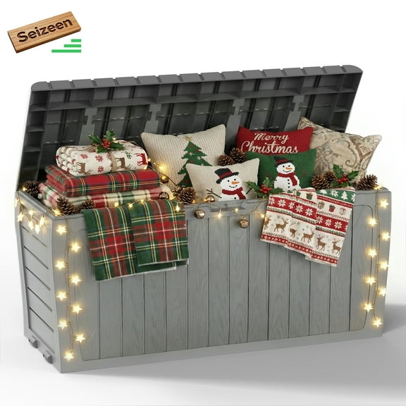 Seizeen 75 Gallon Resin Deck Box on Wheels, Patio Large Storage Cabinet, Outdoor Waterproof Storage Box, Storage Container for Outside Furniture Cushions, Garden Tools, Kids' Toys, Gray, D7232