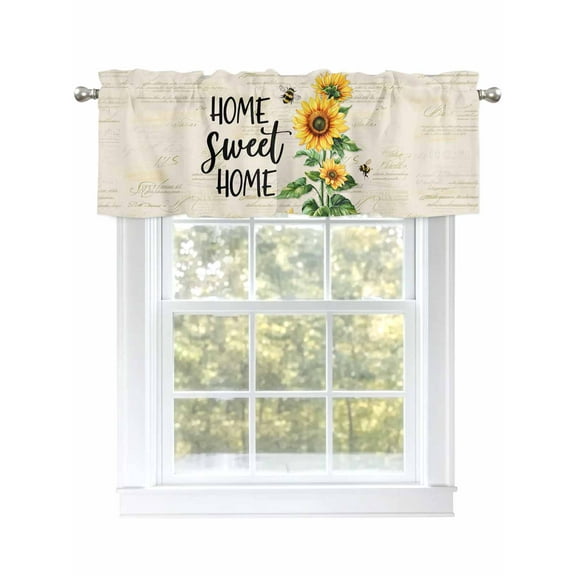 Yellow Sunflower Curtain Valances for Windows, Bee Floral Farmhouse Country Retro Kitchen Valance Window Treatment, Light Filtering Block Curtains for Bathroom/Bedroom/Living Room 42'' x 18''