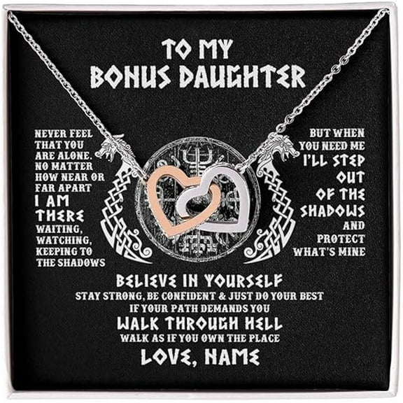 Necklace for Step Daughter from Step Father, Gift for Unbilogical Daughter from Bonus Father, Interlocking Heart Necklace with Message Card and Gift Box, Birthday Gift for Bonus Daughter Bonus Dad