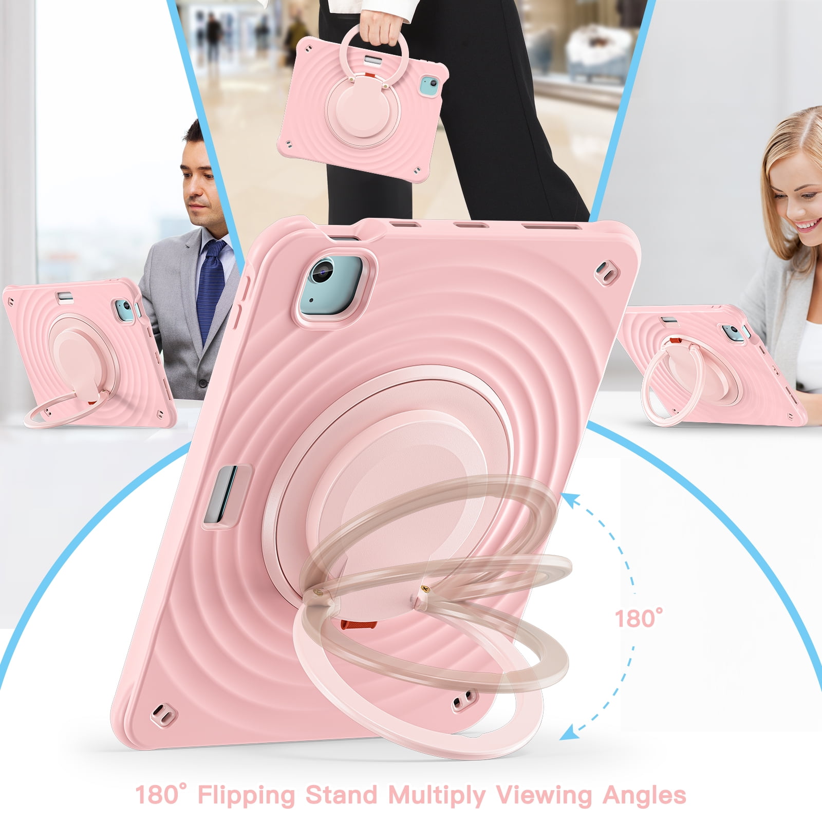 ELEHOLD Case for Apple iPad Air 11 (2024), Portable Hybrid Shockproof iPad Case with Pencil Holder & Hanging Ring Handle Rotatable Kickstand,Pink