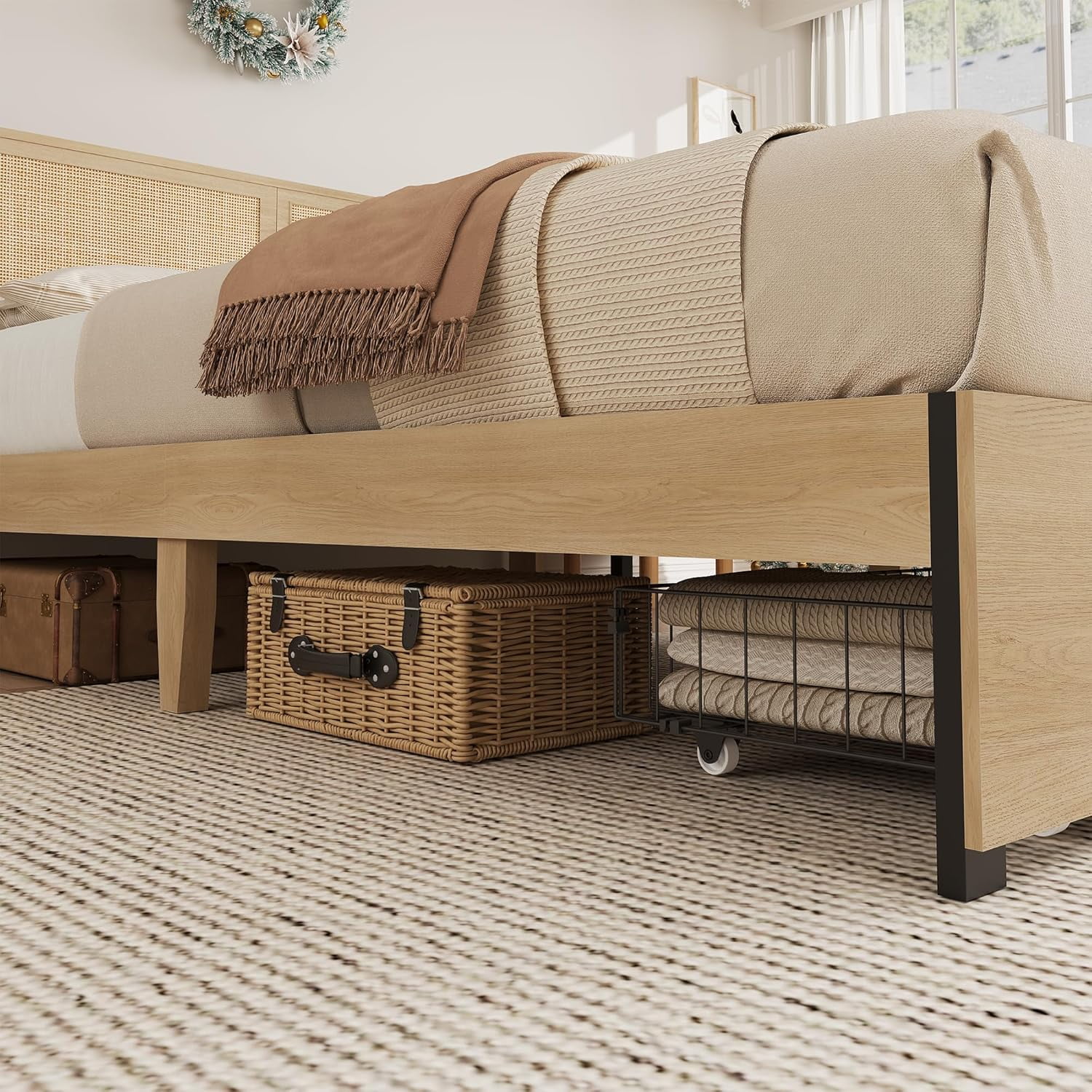 Rattan Queen Size Bed Frame with 2 Storage Drawers, Queen Platform Bed Frame with Natural Rattan Headboard, Boho Bed Frame with Strong Wood Slats Support, Noise Free, No Box Spring Needed