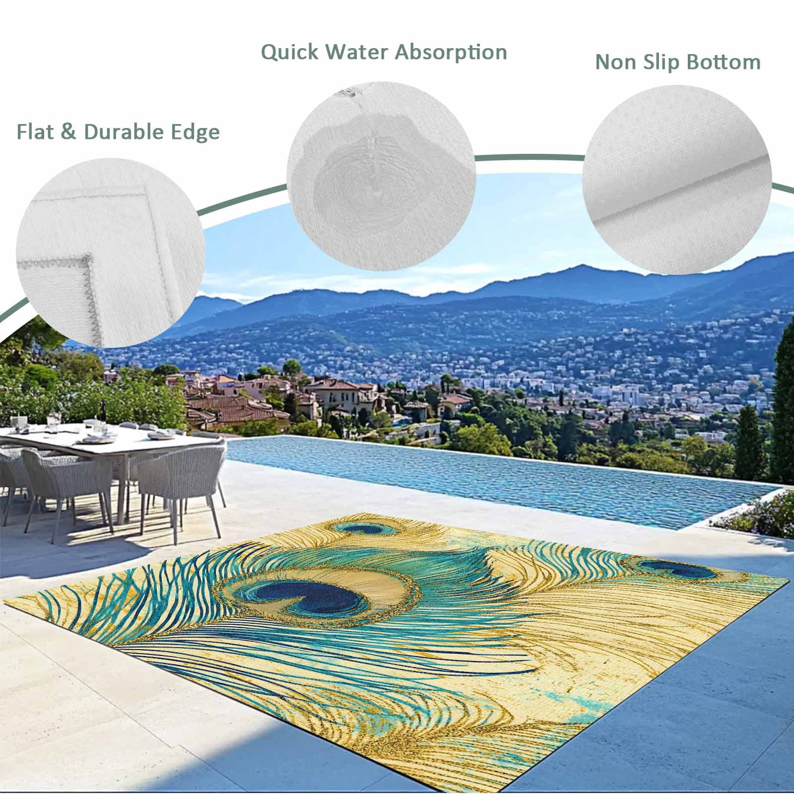 Fsddascl Retro Peacock Feathers Outdoor Rug for Patio/Deck/Porch, Non-Slip Large Area Rug 5 x 8 Ft, Vintage Abstract Art Watercolor Indoor Outdoor Rugs Washable Area Rugs, Camping Rug Carpet