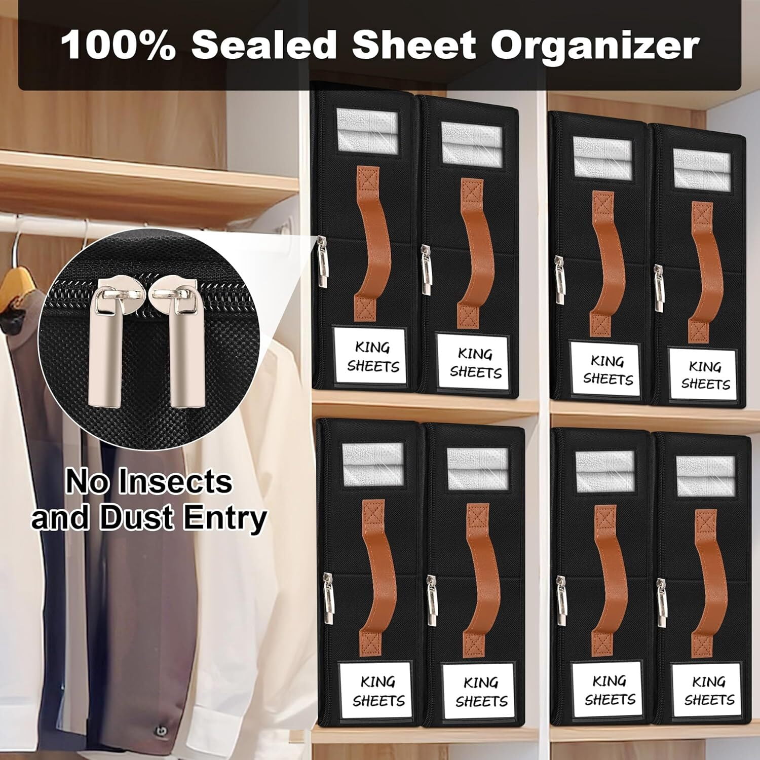 VOZOGO 8 Pack Bed Sheet Organizers and Storage,Sturdy Foldable Closet Storage Containers with Window and Label,Bedding Holder for Sheet Set (King/Queen Sizes),Duvet Covers,Blankets,Black