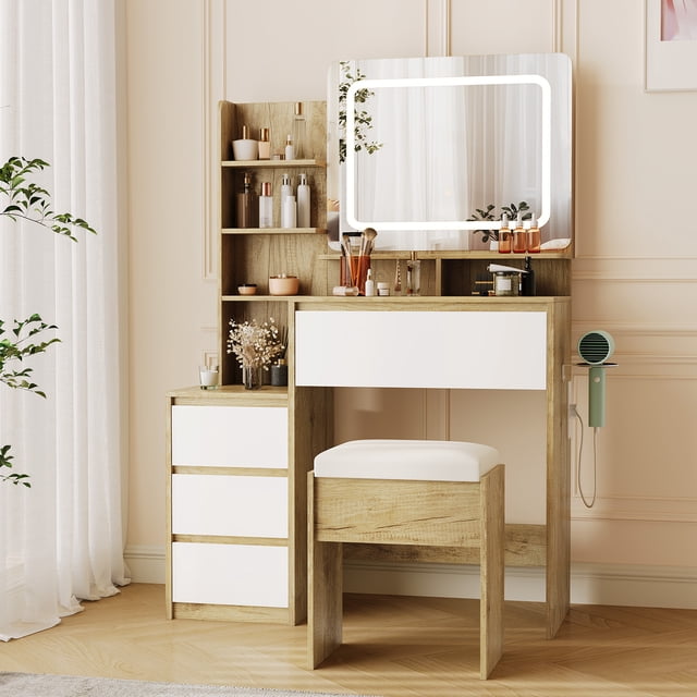 Modern Makeup Vanity Desk Set with LED Mirror & Charging Station – 36-Inch Dressing Table with 4 Drawers, Storage Shelves, Cushioned Stool – Perfect for Bedroom, Apartment, Gift, natural color