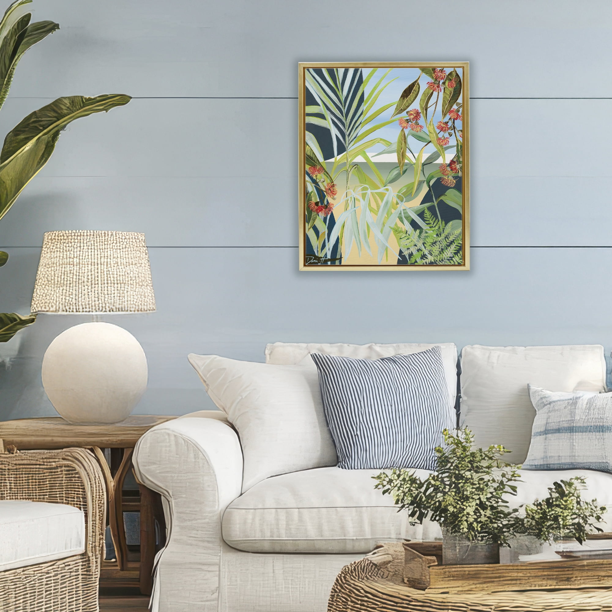 Stupell Industries Coastal Morning Leaves Gold Framed Floater Canvas Wall Art, design by Dani Heyward