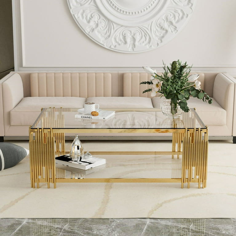 Ufurpie Modern Glass Coffee Table Set of 3 Luxury 2 Tier Clear Glass Coffee Table and 2 End Table Set w Gold Stainless Steel Frame 3 Piece Living