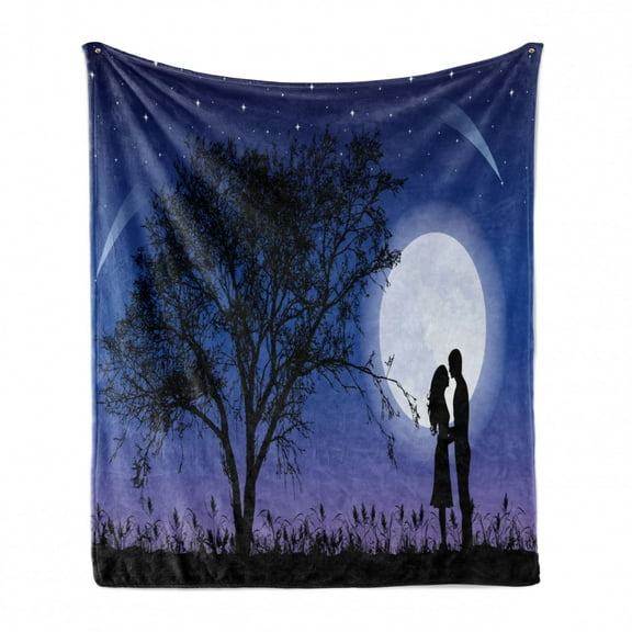 Night Soft Flannel Fleece Throw Blanket, Romantic Composition with Full Moon Sky Tree Man and Woman in Love Hugging, Cozy Plush for Indoor and Outdoor Use, 50" x 60", Black Blue White, by Ambesonne