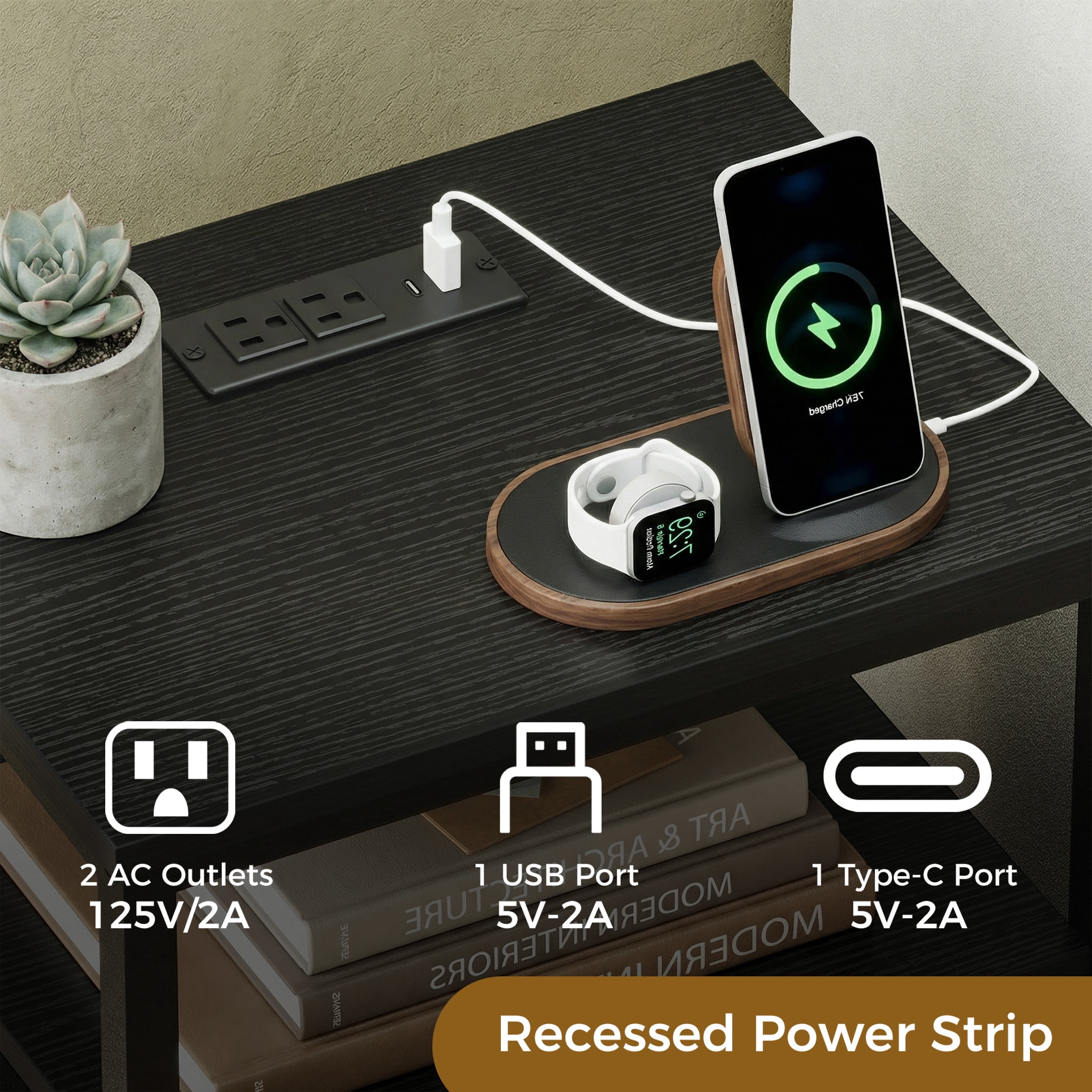 EDX Wall-mounted bedside table, featuring a built-in socket with USB/Type-C interface and adjustable drawers (two drawers). Suitable for bedroom space-saving design. Black