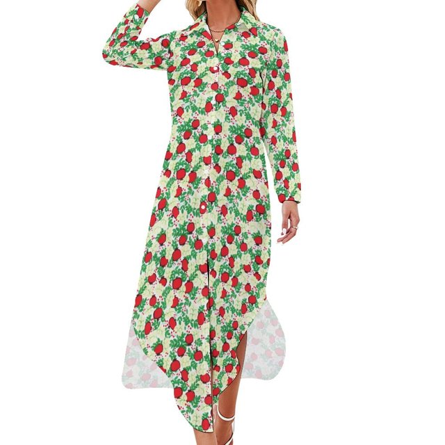 Robe en Chiffon Imprimé Fruits Jaune Citron Robes Mignonnes Femmes Manches Longues Style Rue Col en V Motif Robe Décontractée Surdimensionnée