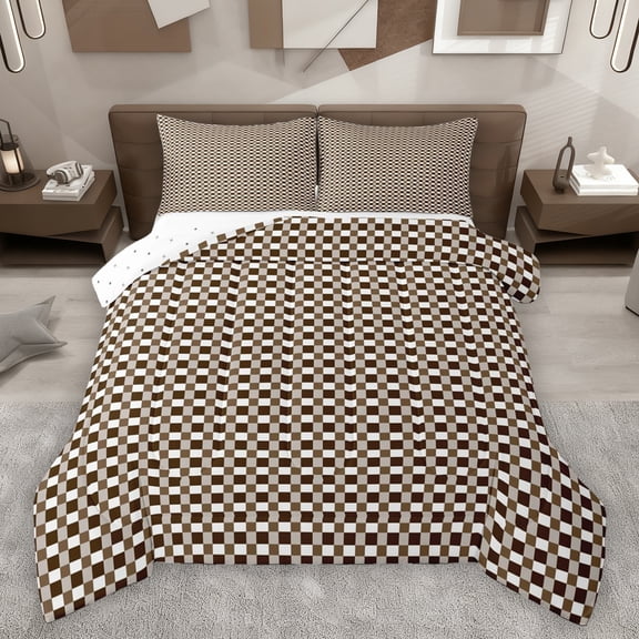 Homewish Brown Fashion Plaid Bedding Comforter Set for Teens, Modern Square Checkered Twin Comforter Sets, Chic Buffalo Reversible Bedding Set, Luxury Bedroom Decor, 2 Pieces
