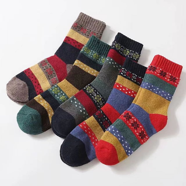 Calcetines cálidos de invierno para hombres y mujeres con colores a juego, calcetines gruesos de tubo con flores cruzadas, calcetines de lana de color cervatillo a rayas