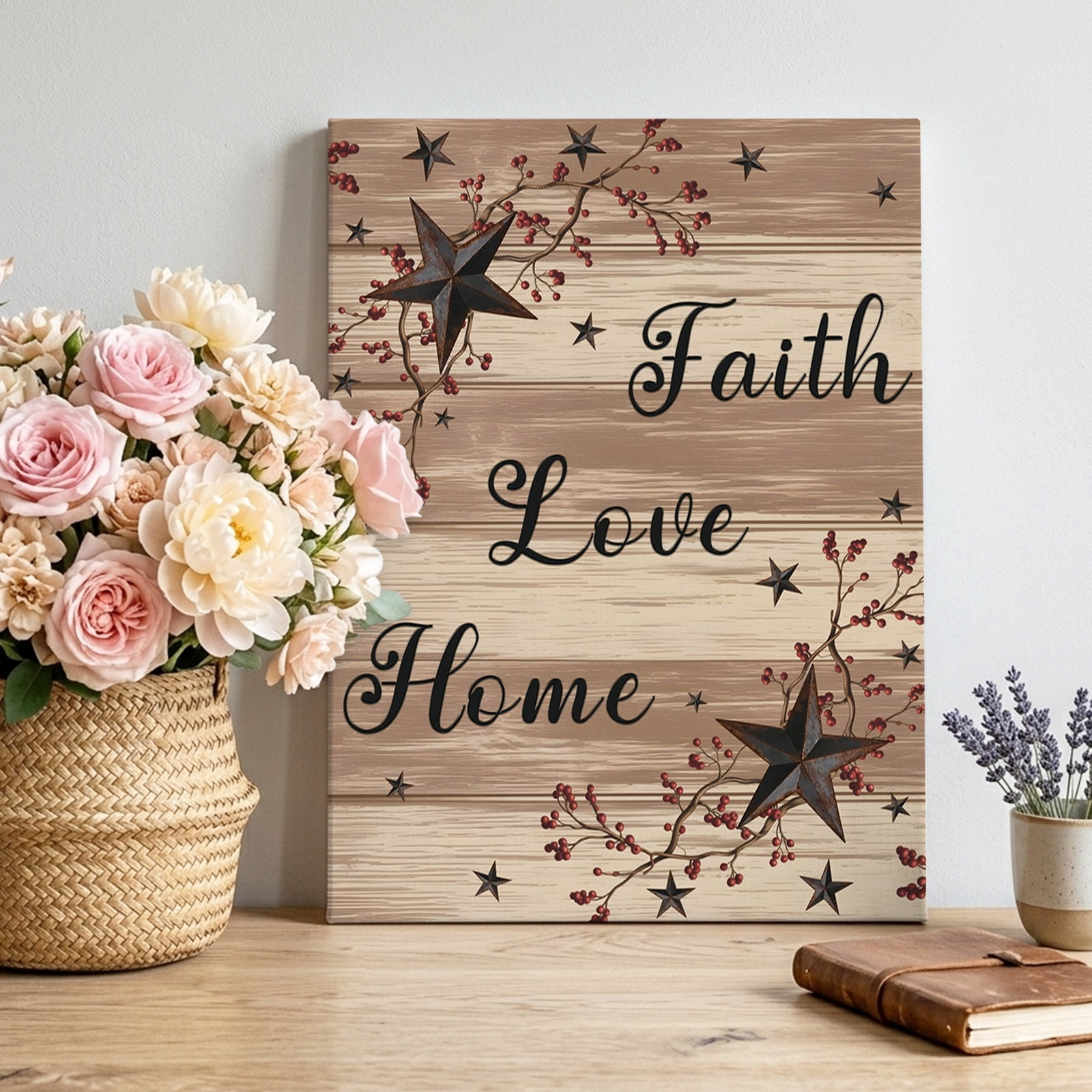 Retro Country Stars Canvas Wall Art for Living Room, Faith Love Home Berries Farmhouse Brown Striped Poster Print Painting for Bedroom Office Home Decoration Wall Pictures Prepare To Hang 12"x12"
