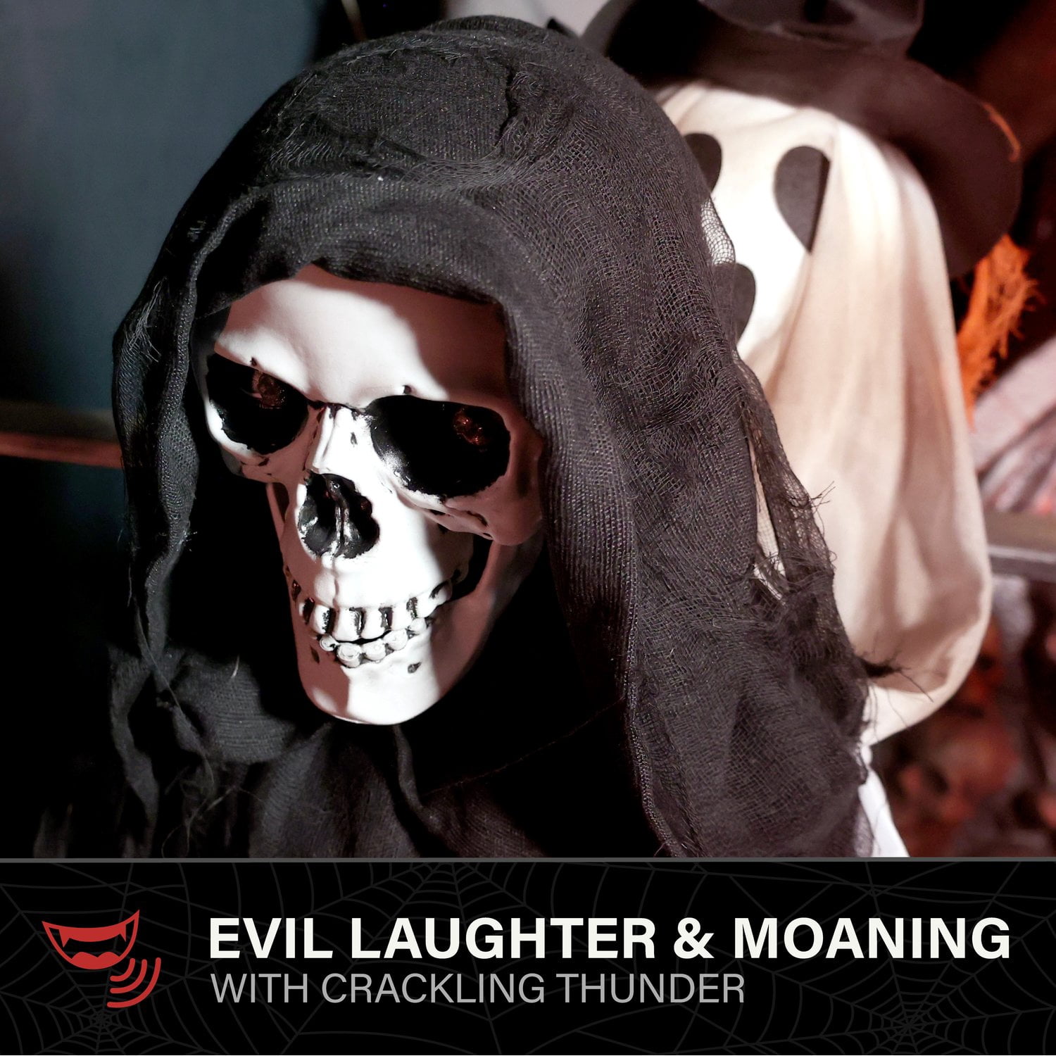 Haunted Hill Farm Red LED Battery Reaper with Hide and Seek Ghost Halloween Animatronic 3.9-Ft.
