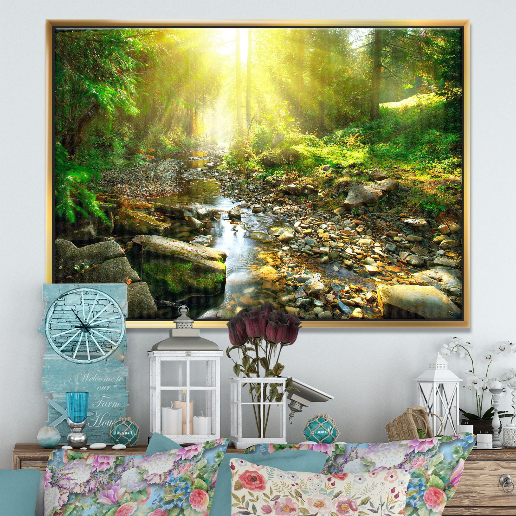 Designart ' Mountain Stream in Forest ' Landscape Photography Framed Canvas Print