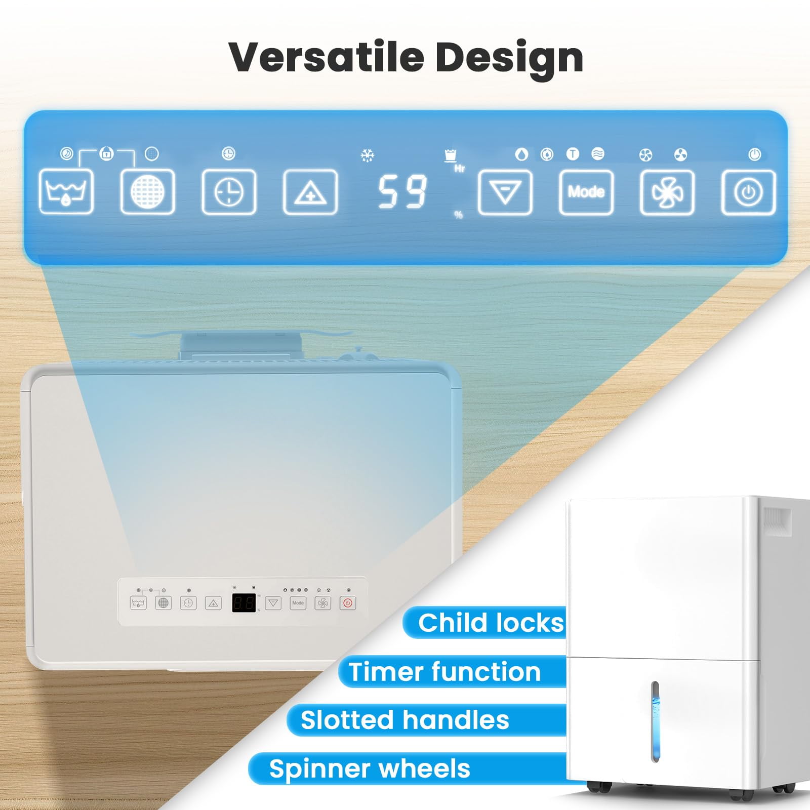 KISSAIR 8-Pint Dehumidifier, 3000 Sq. Ft Coverage Area Home Dehumidifier with Timer Continuous & Dry Mode,  4.8L Water Tank（MAX 22Pint at 86℉, 80%RH）