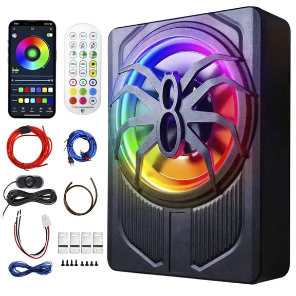 1200W Car Subwoofer with APP Control and Colour Light, 10'' 12V Slim Under Seat Powered Car Subwoofer w/Built-in Amplifier & Hi/Lo Input Bass Speaker Subwoofer for Car/Truck/SUV/Jeep/MPV