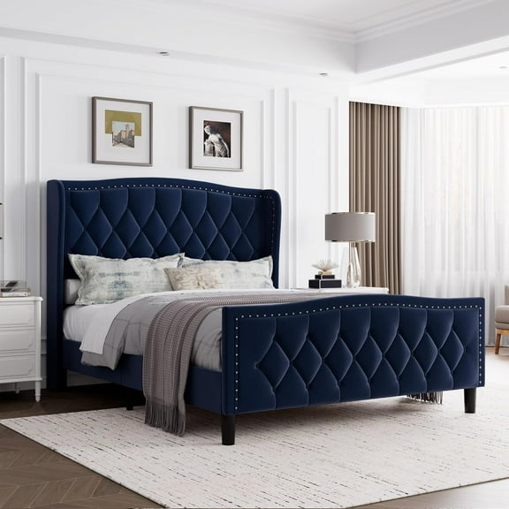 Garvee 49.21" Queen Size Platform Bed Frame, Wingback Headboard, Velvet Upholstered, Navy Blue