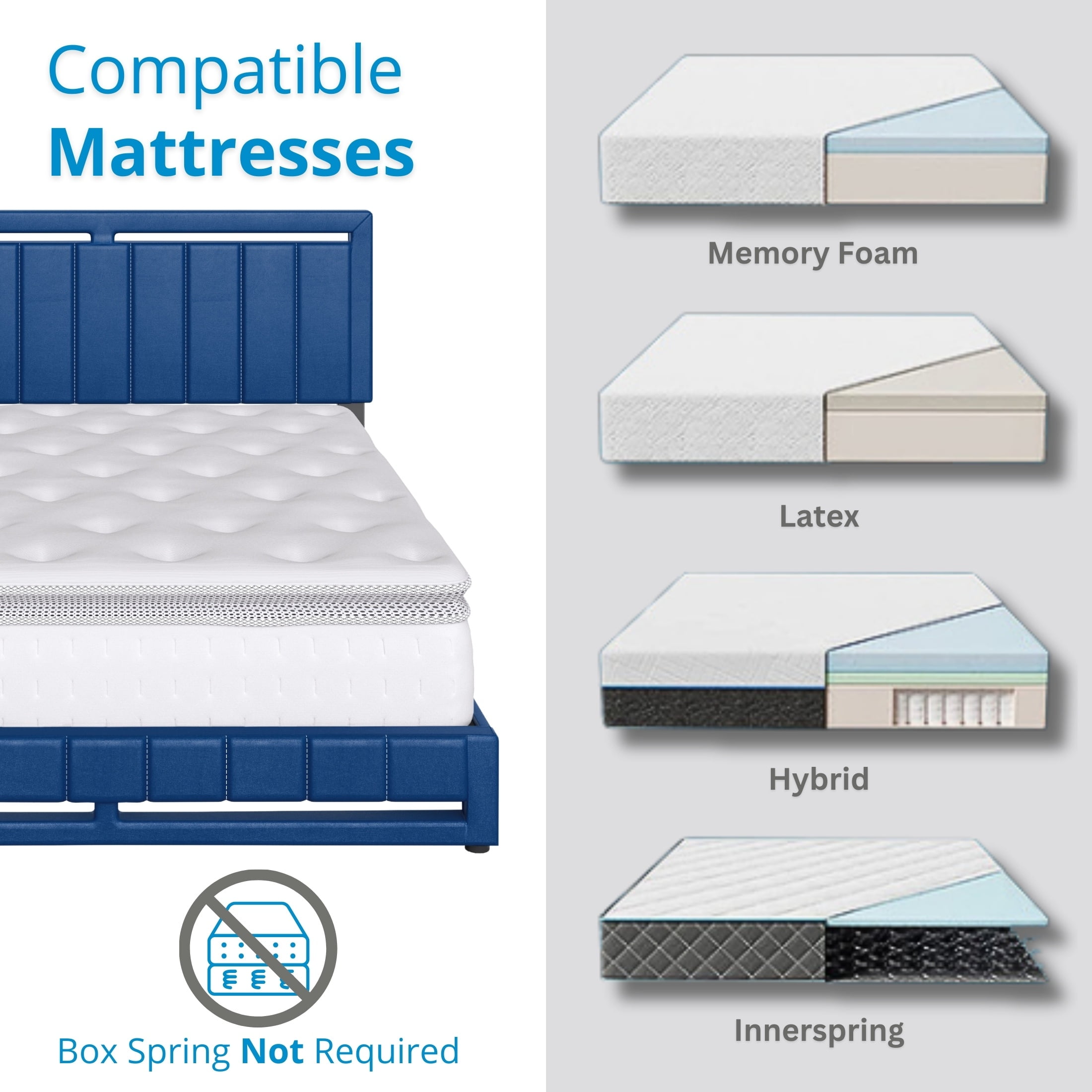 Boyd Sleep Beaumont Blue Faux Leather Full Size Fully Upholstered Platform Bed Frame with Adjustable Headboard