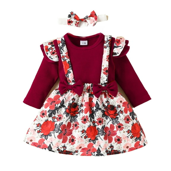 Hwmodou Girls Jumpsuits Cotton Blend Baby Strip Long Sleeve Triangle Dress Baby Bow Suspenders Skirt Flower Suit Skirt Bodysuit Fall Winter Holiday Jumpsuit,9-12M