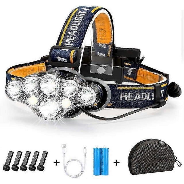 Rechargeable LED Headlamp, Ultra Powerful 8 LED Headlamp 18000 Lumens, Waterproof and Lightweight Head Torch, Perfect for Camping, Fishing, Cave, Jogg