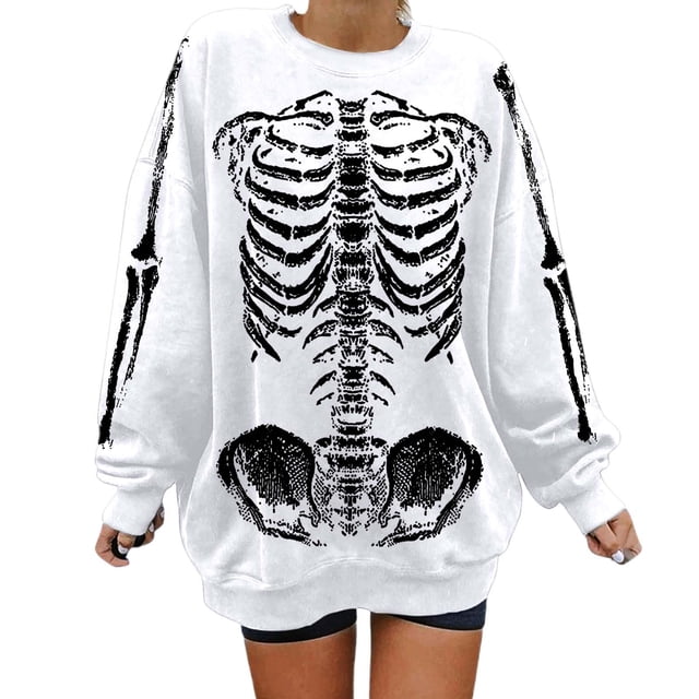 HUITKMM Chandail pour Femmes Unisexe Mode Imprimé Design Squelette Surdimensionné Longline Sans Capuche Col Rond pour et Mode Urbaine Décontracté