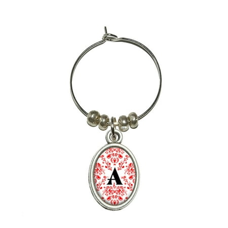 Letter A Initial Damask Elegant Red Black White Oval Wine Glass Charm