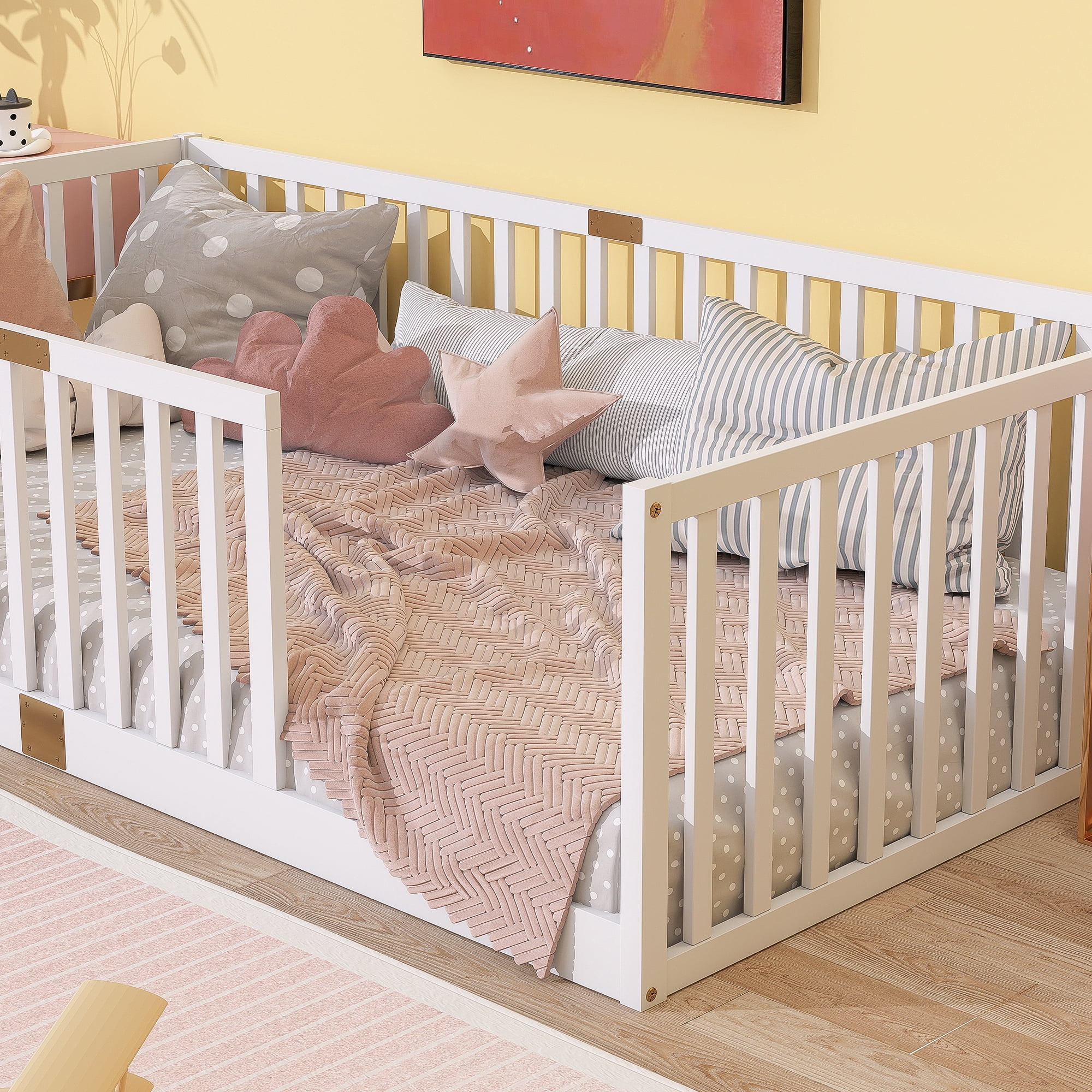 Sailvan Twin Floor Bed with High Fence Railings, Solid Rubber Wood Kids Platform Bed Frame White