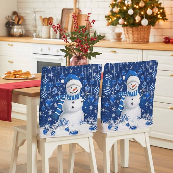 Christmas Blue Snowman Chair Covers Set of 8 Xmas Balls Snowflake Chair Back Covers Stretch Removable Washable Slipcovers Protector for Dining Room Kitchen Party Decor