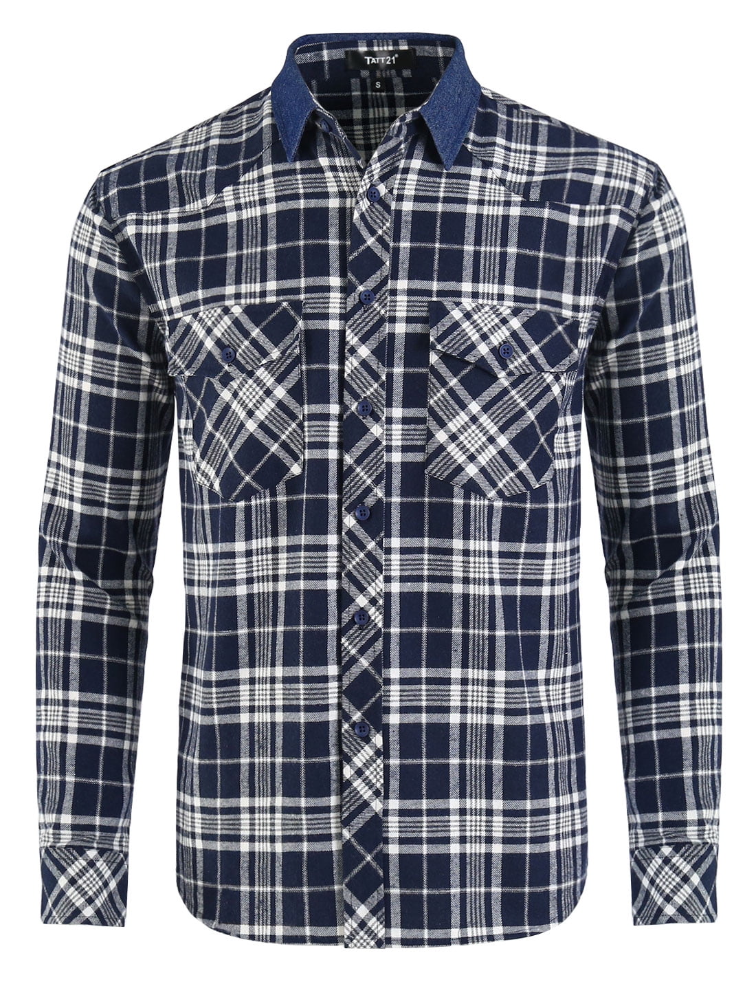 plaid shirt with denim collar