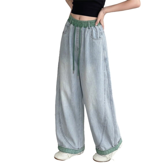 BOOMNY Girls Baggy Jeans Wide Leg Streetwear Jeans for Kids Trendy Elastic Waist Drawstring Solid Denim Pants With Pockets